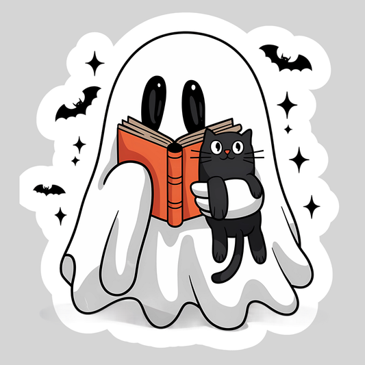 Reading Ghost With Book And Kitty Cat – 3" Sticker