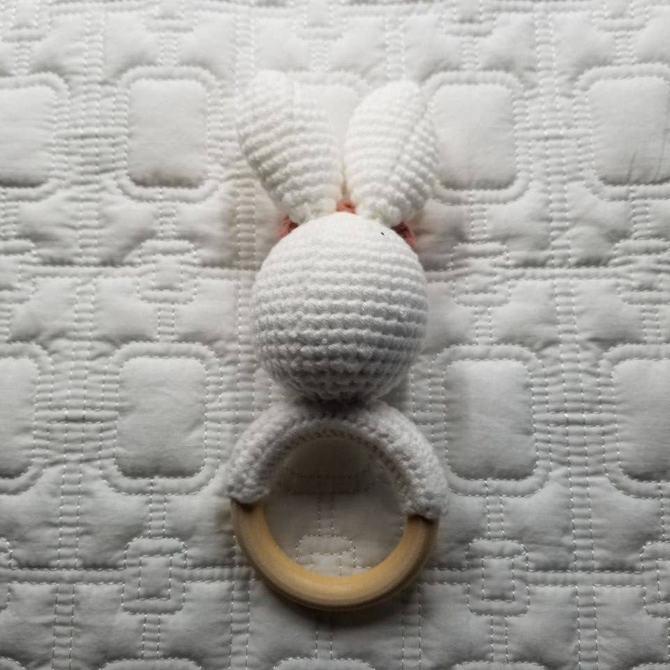 D & C TOYS - White Floral Bunny Hand Crocheted Rattle