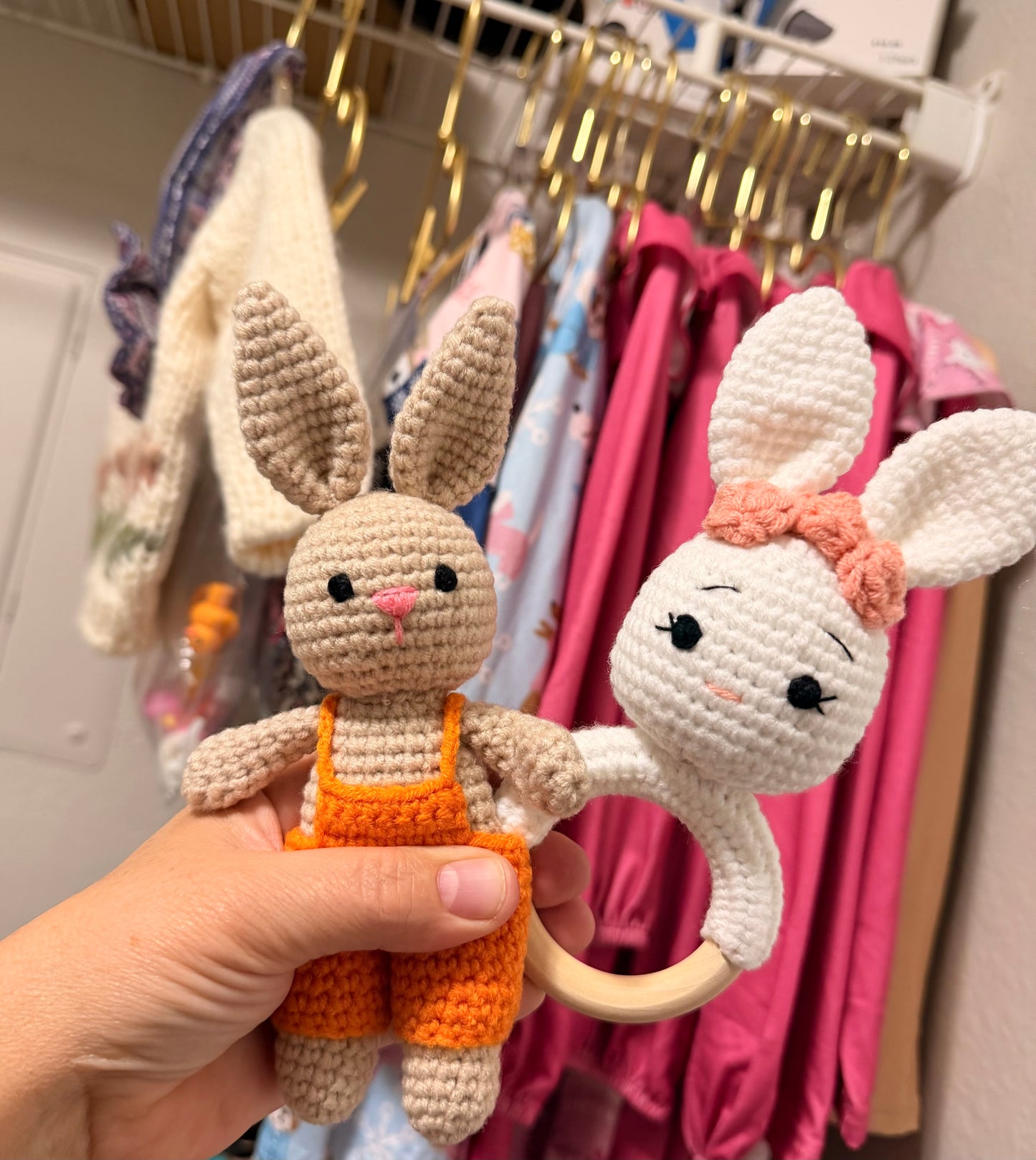 D & C TOYS - White Floral Bunny Hand Crocheted Rattle