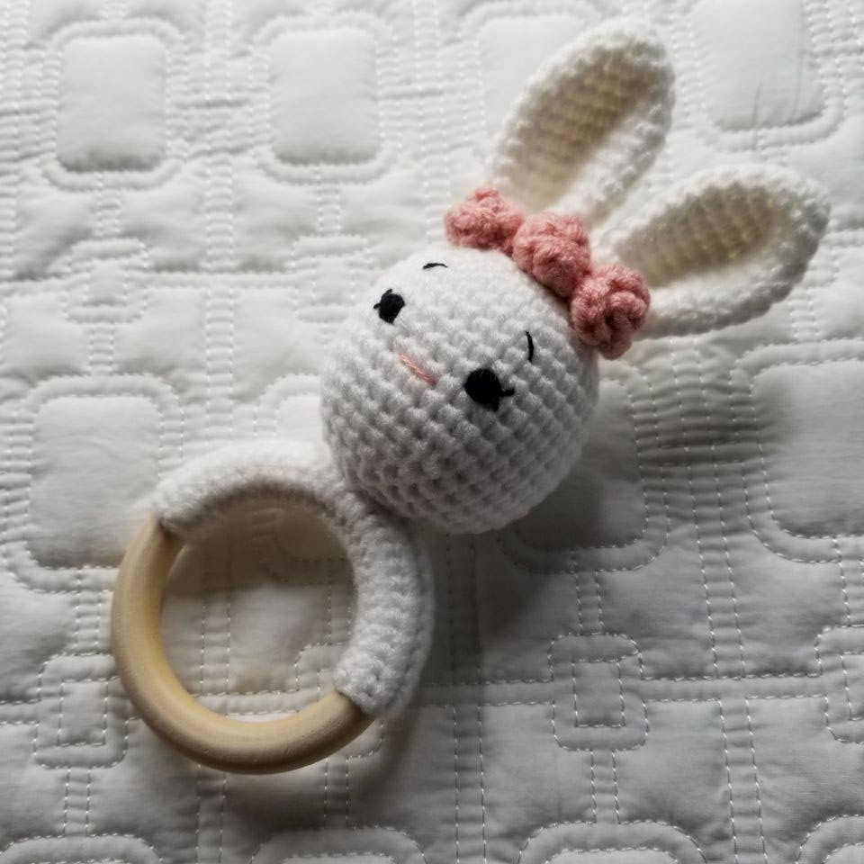 D & C TOYS - White Floral Bunny Hand Crocheted Rattle